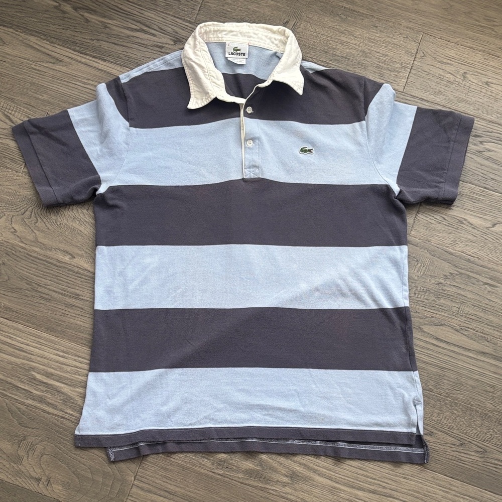 Lacoste | Wide Stripe Rugby Polo T-Shirt in Light Blue & Navy Size 5